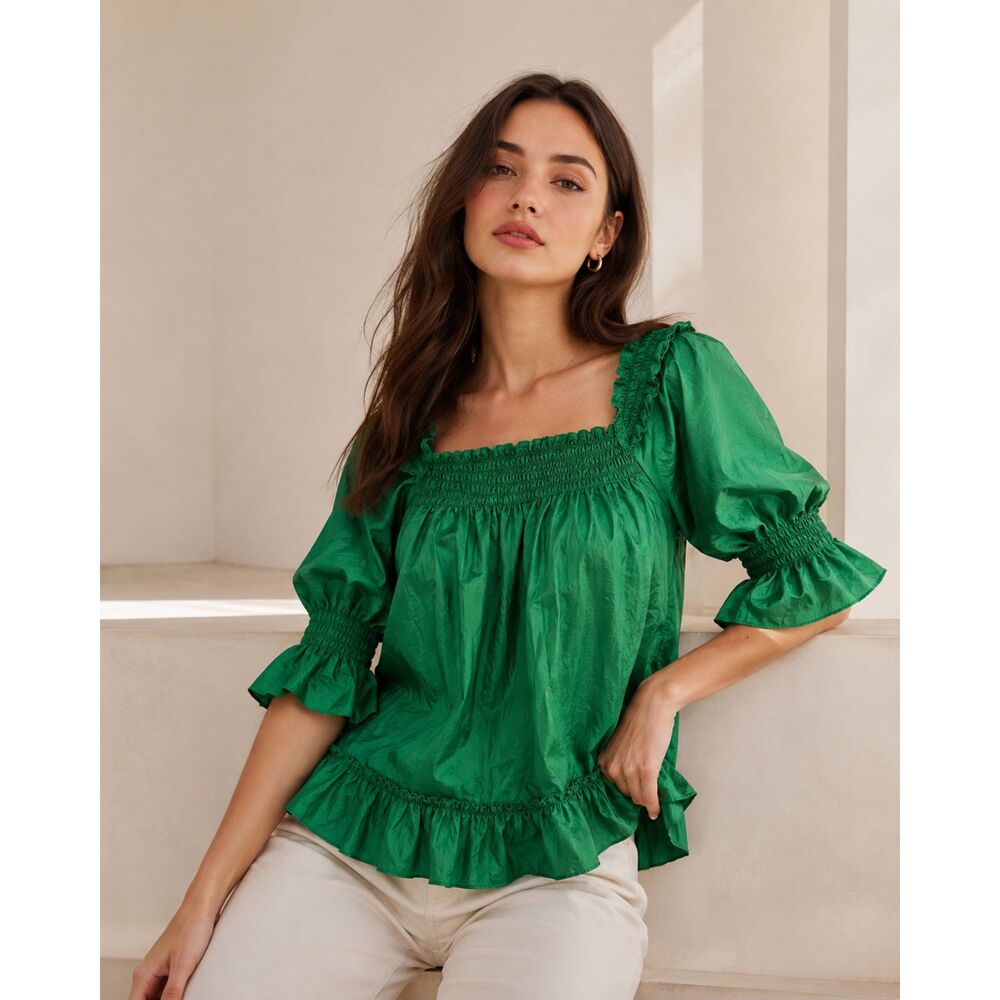 BB Dakota 100% Silk Green Smocked Blouse Women’s Size S Ruffle Puff Sleeve